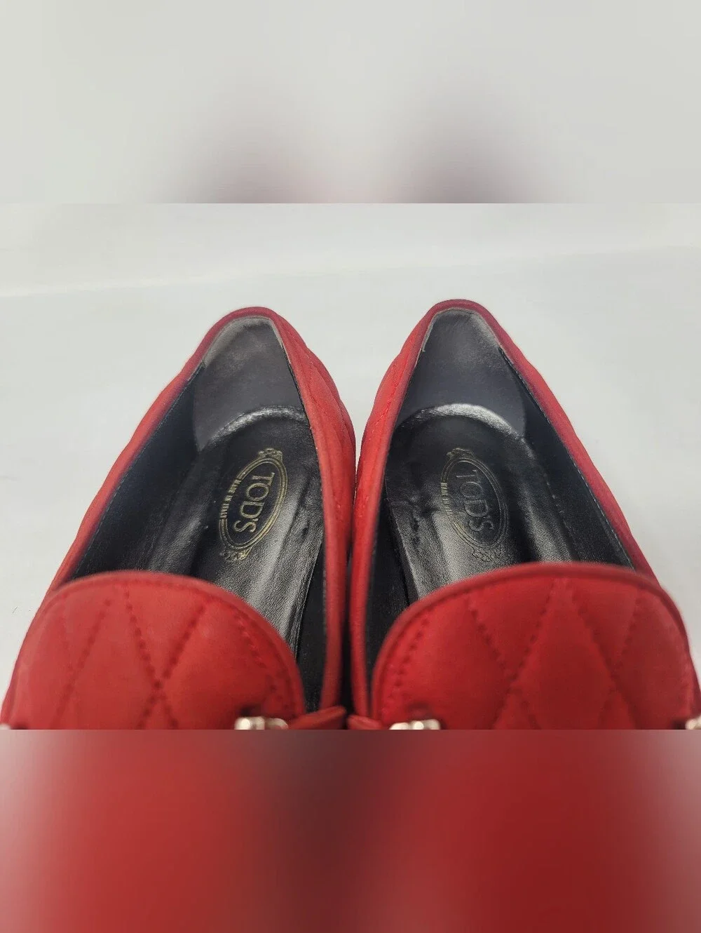Tod's Womens Red Quilted Suede Leather Slip On Flats Loafers Shoes Italy 37 US 7